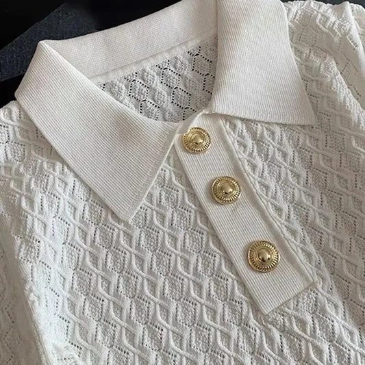 Ice Silk Polo Shirt Knitted Short Sleeve T-Shirt Summer Chic Thin Unique Jacquard Women Tops 2026 Korean Style Women’s Clothing