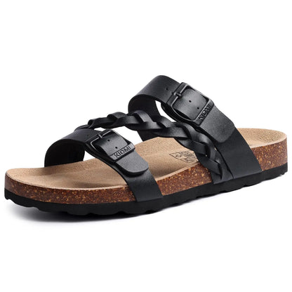 Evshine Summer Fashion Cork Slippers For Women Comfort Arch Support Outdoor Leather Sandals Unisex New Double Buckle Flat Slides