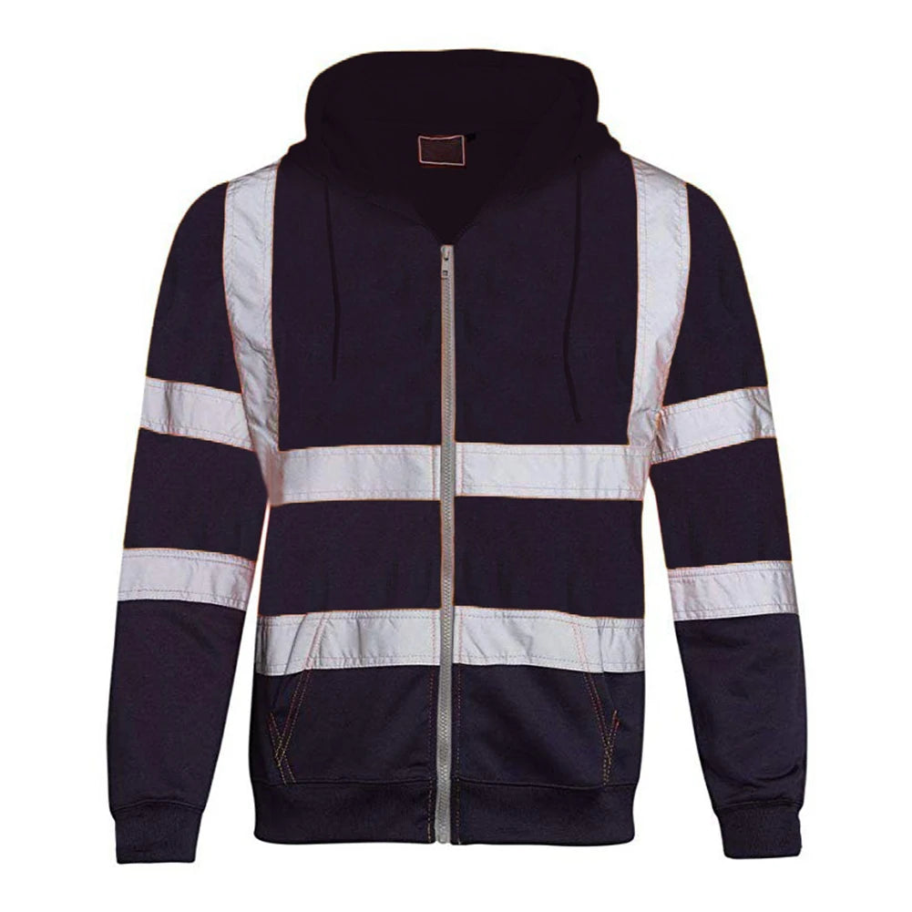 Mens Hooded Zipper Tops Fashion High Visibility Reflective Sweatshirt for Men Bomber Jacket Side Pockets Breathable Coat Tops