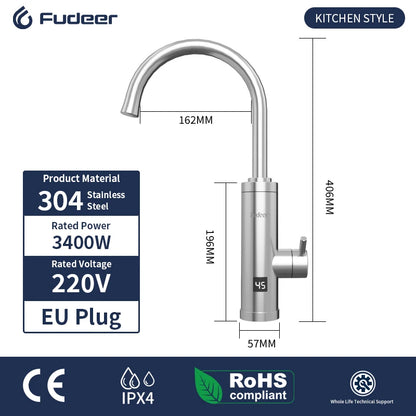 Fudeer 3400W 220V Electric Kitchen Water Heater Tap Instant Hot Stainless Steel Water Faucet Heater Cold Heating Faucet