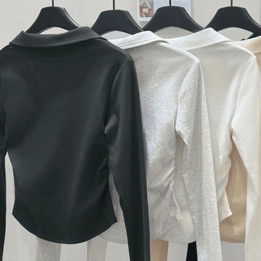 Polo Neck Embroidery Pleated Short Tops Spring Autumn Long Sleeve Slim All-match Casual T Shirts Fashion Vintage Women Clothing