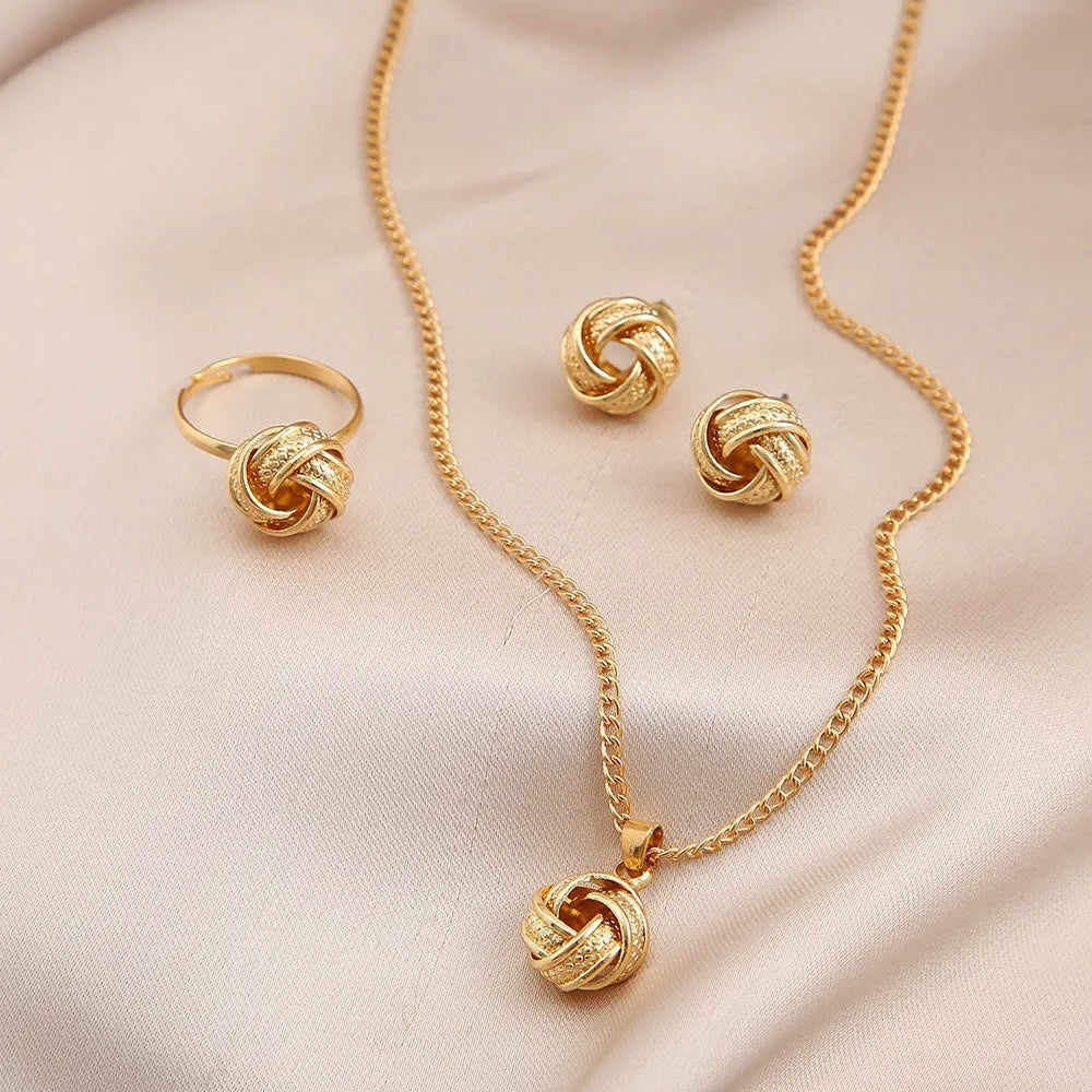 3pcs Set Fashion Creativity Geometry Stereo Knotting Pendant Necklaces Earrings Rings for Women Charm Jewelry Set Accessory Gift