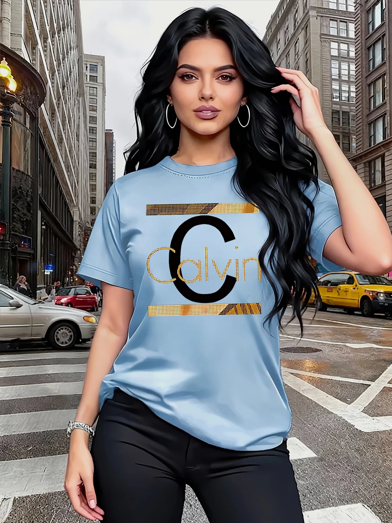 Calvin Letter Print Women's Tee - Gold Graphic Green Casual Top