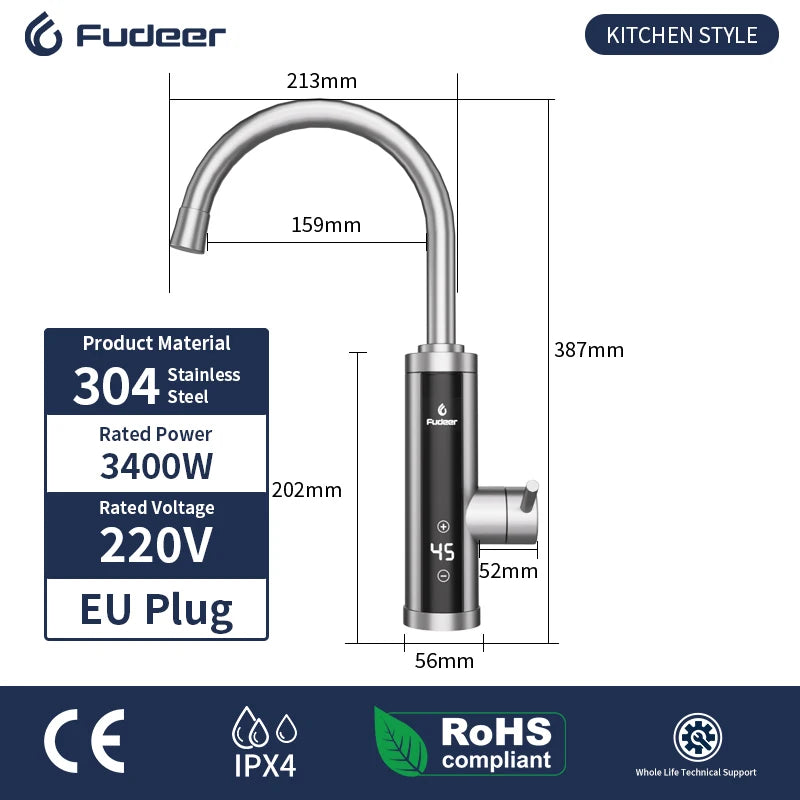 Fudeer 3400W 220V Electric Kitchen Water Heater Tap Instant Hot Stainless Steel Water Faucet Heater Cold Heating Faucet