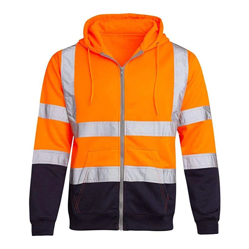 Mens Hooded Zipper Tops Fashion High Visibility Reflective Sweatshirt for Men Bomber Jacket Side Pockets Breathable Coat Tops