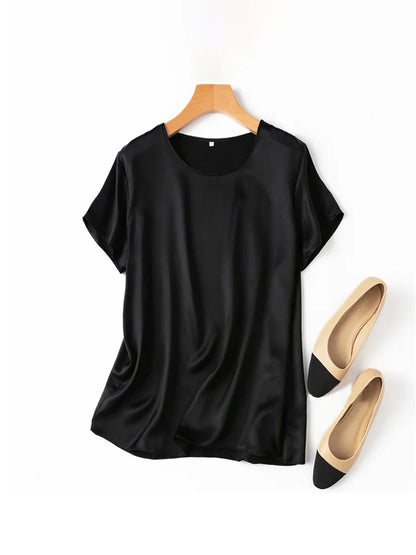 SuyaDream, Woman Silk Tee, 100%Real Silk Short Sleeved Plain O Neck T Shirt, 2025 New Summer Top