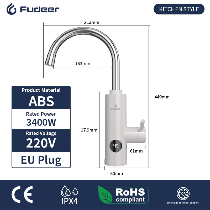 Fudeer 3400W 220V Electric Kitchen Water Heater Tap Instant Hot Stainless Steel Water Faucet Heater Cold Heating Faucet