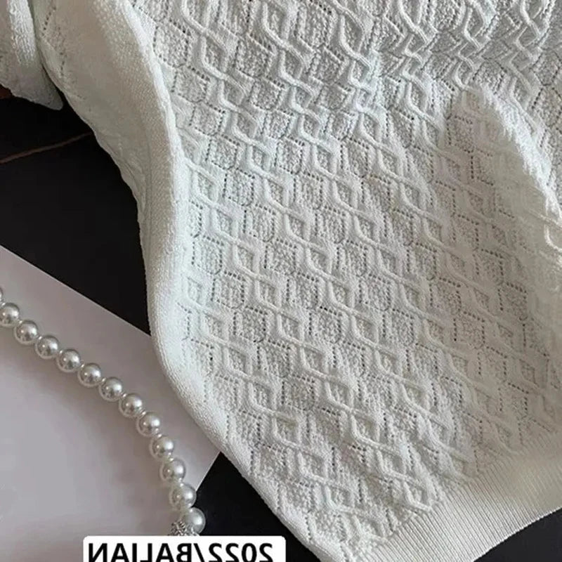 Ice Silk Polo Shirt Knitted Short Sleeve T-Shirt Summer Chic Thin Unique Jacquard Women Tops 2026 Korean Style Women’s Clothing