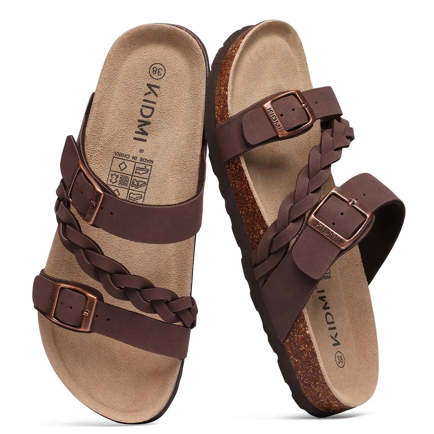 Evshine Summer Fashion Cork Slippers For Women Comfort Arch Support Outdoor Leather Sandals Unisex New Double Buckle Flat Slides