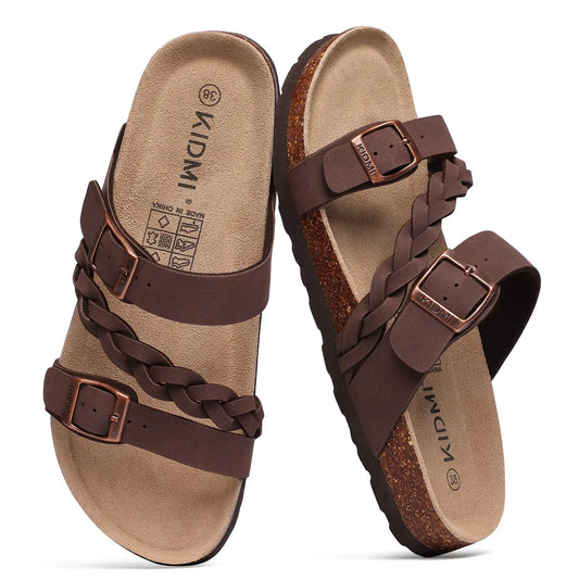 Evshine Summer Fashion Cork Slippers For Women Comfort Arch Support Outdoor Leather Sandals Unisex New Double Buckle Flat Slides
