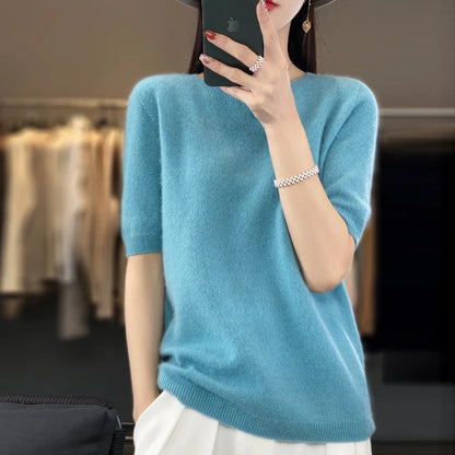 100% pure wool women's round neck sweater short sleeve seamless loose knit half sleeve bottoming sleeve.