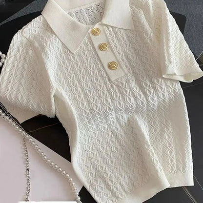Ice Silk Polo Shirt Knitted Short Sleeve T-Shirt Summer Chic Thin Unique Jacquard Women Tops 2026 Korean Style Women’s Clothing