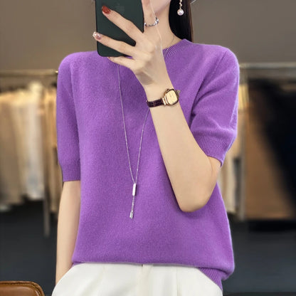 100% pure wool women's round neck sweater short sleeve seamless loose knit half sleeve bottoming sleeve.