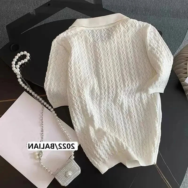 Ice Silk Polo Shirt Knitted Short Sleeve T-Shirt Summer Chic Thin Unique Jacquard Women Tops 2026 Korean Style Women’s Clothing