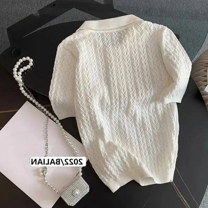 Ice Silk Polo Shirt Knitted Short Sleeve T-Shirt Summer Chic Thin Unique Jacquard Women Tops 2026 Korean Style Women’s Clothing