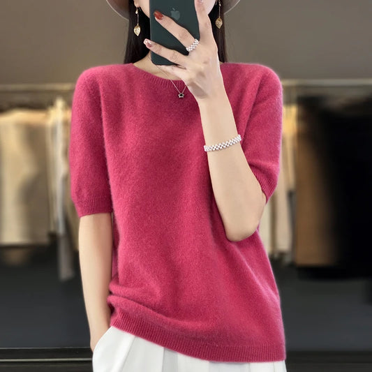 100% pure wool women's round neck sweater short sleeve seamless loose knit half sleeve bottoming sleeve.