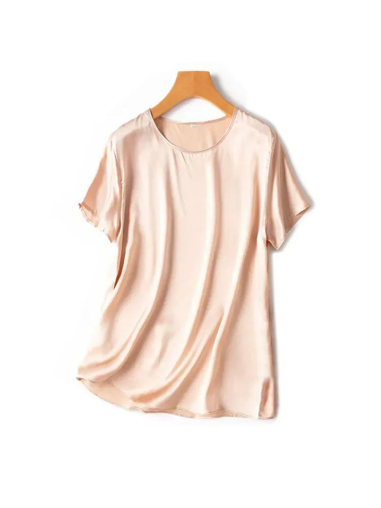 SuyaDream, Woman Silk Tee, 100%Real Silk Short Sleeved Plain O Neck T Shirt, 2025 New Summer Top