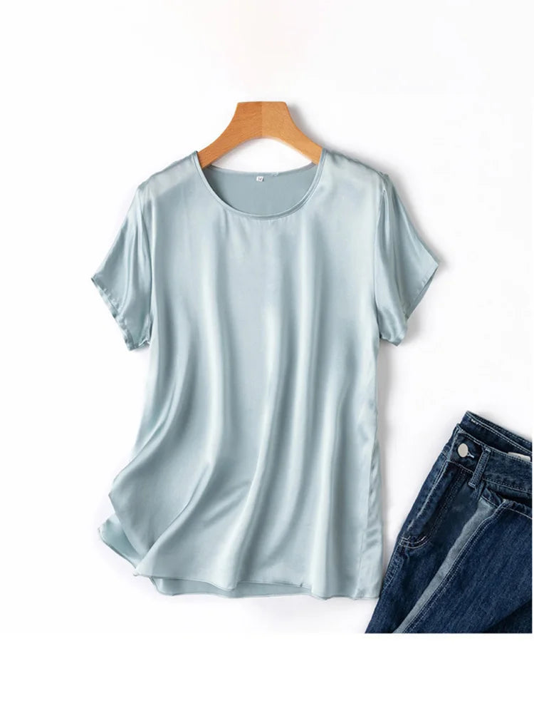 SuyaDream, Woman Silk Tee, 100%Real Silk Short Sleeved Plain O Neck T Shirt, 2025 New Summer Top