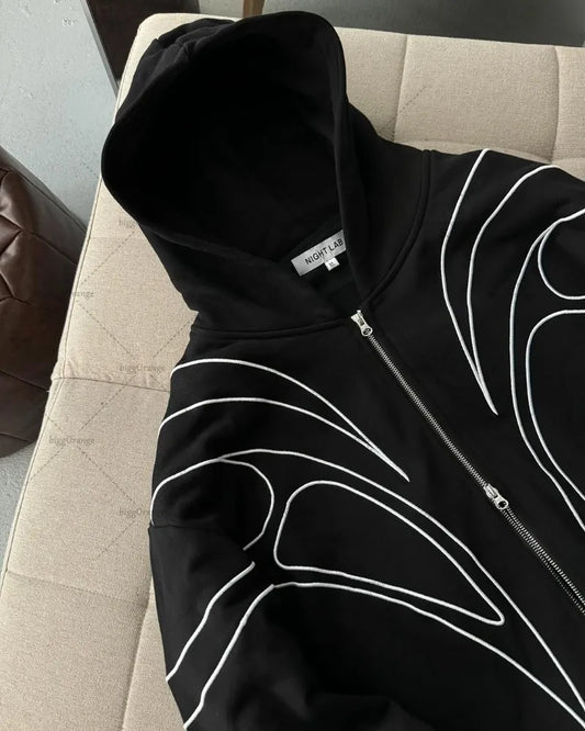 Street Retro Fashion Clothing Striped Embroidered Black Double Zipper Hoodie American Hip-hop Punk Oversized Sweatshirt Men