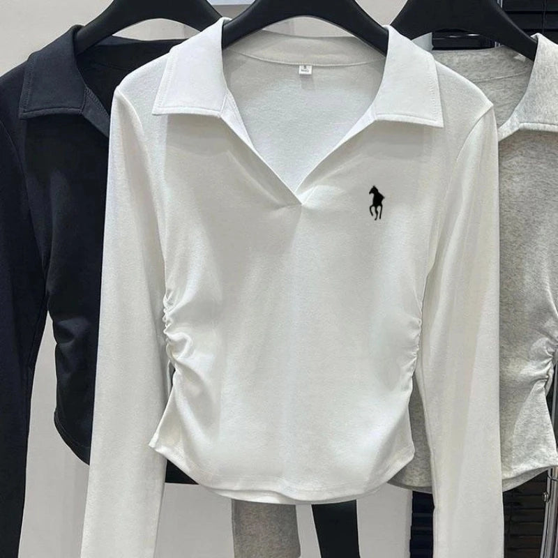 Polo Neck Embroidery Pleated Short Tops Spring Autumn Long Sleeve Slim All-match Casual T Shirts Fashion Vintage Women Clothing