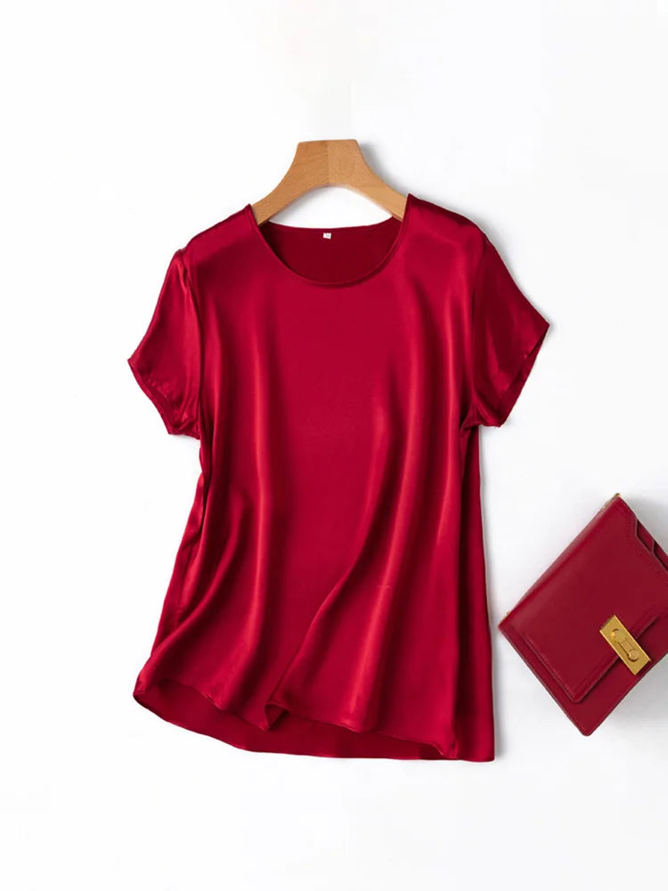 SuyaDream, Woman Silk Tee, 100%Real Silk Short Sleeved Plain O Neck T Shirt, 2025 New Summer Top