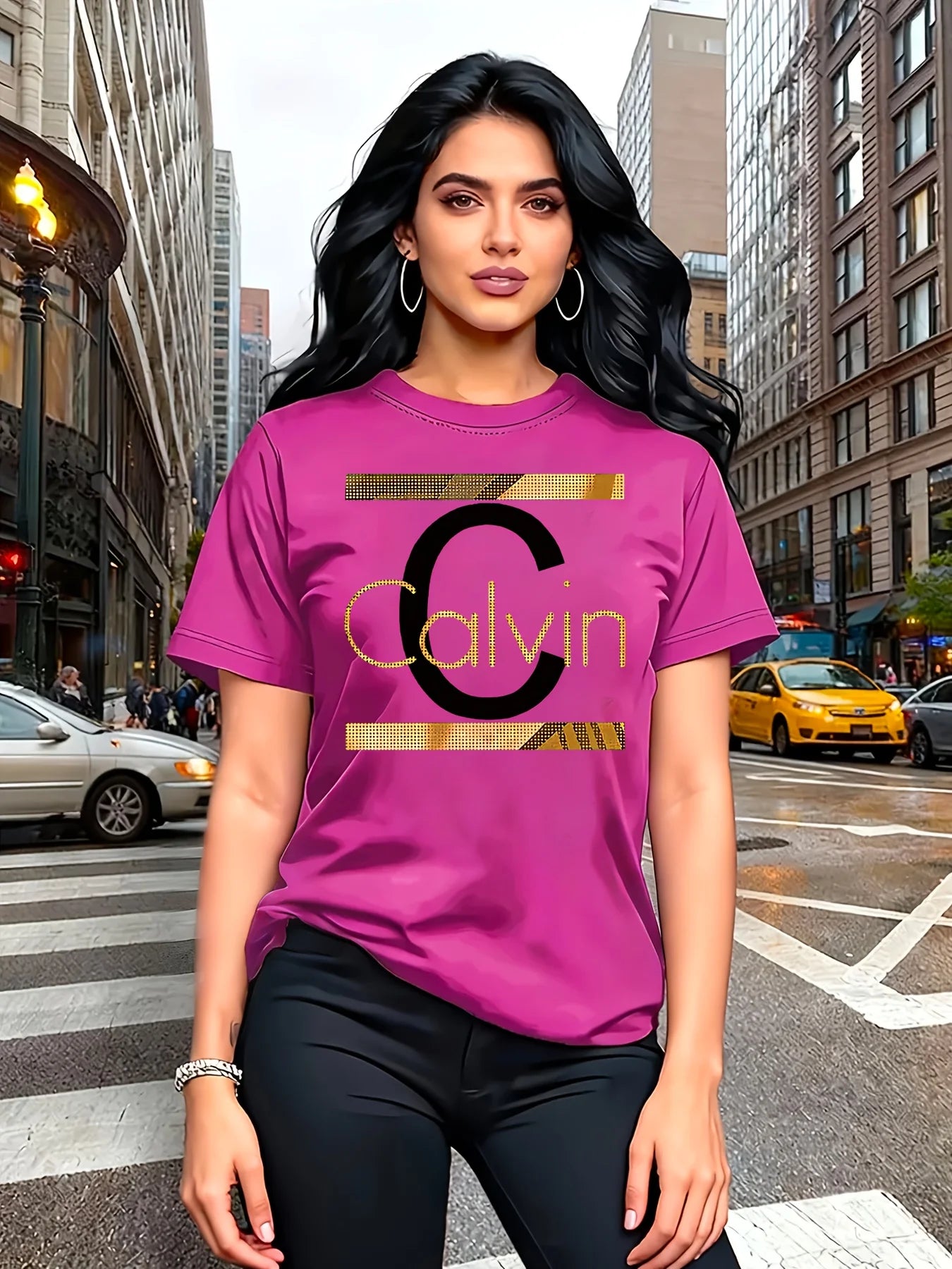 Calvin Letter Print Women's Tee - Gold Graphic Green Casual Top