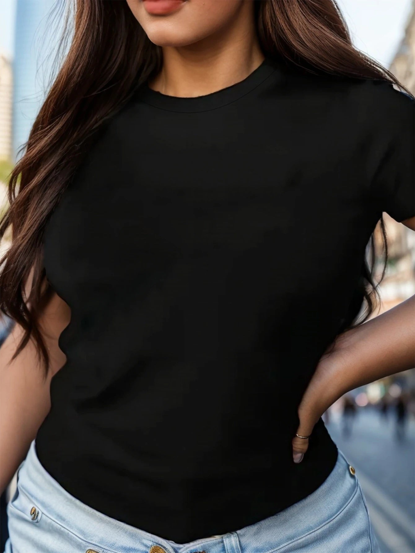 Women's fashion temperament solid color, crew neck, short sleeves, casual commuting T-shirt
