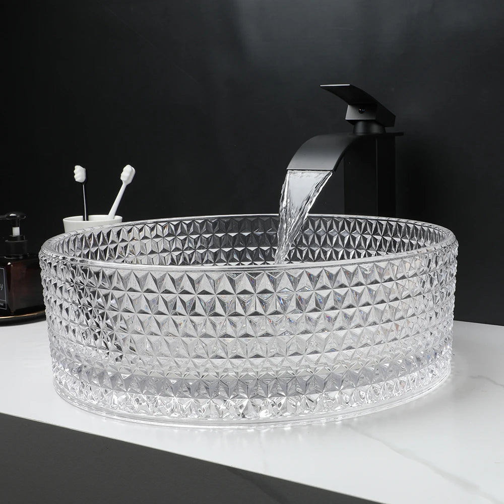 KEMAIDI Tempered Glass Vessel Sink Bathroom Round Vanity Wash Sink Above Counter Deck Mounted Basin Sink with Faucet Mixer