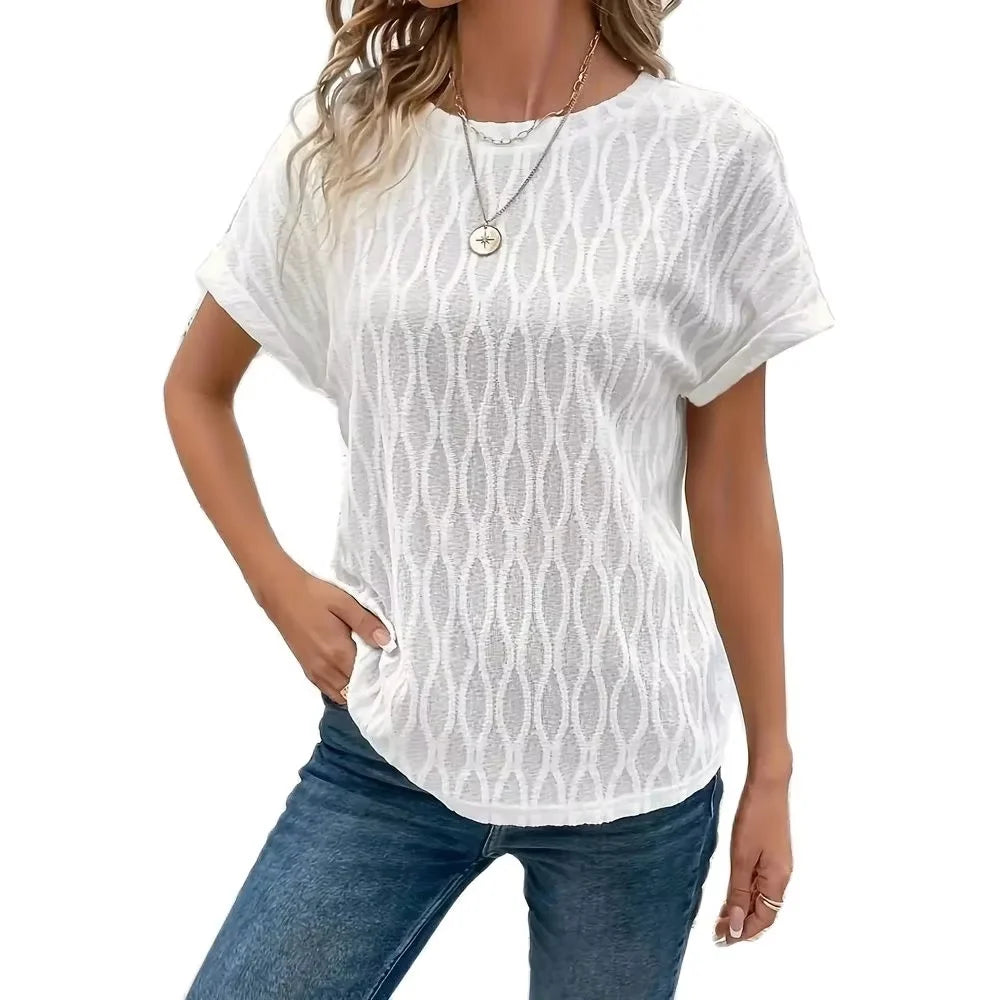 Plain textured T-shirt with round neck and short sleeve
