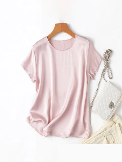 SuyaDream, Woman Silk Tee, 100%Real Silk Short Sleeved Plain O Neck T Shirt, 2025 New Summer Top