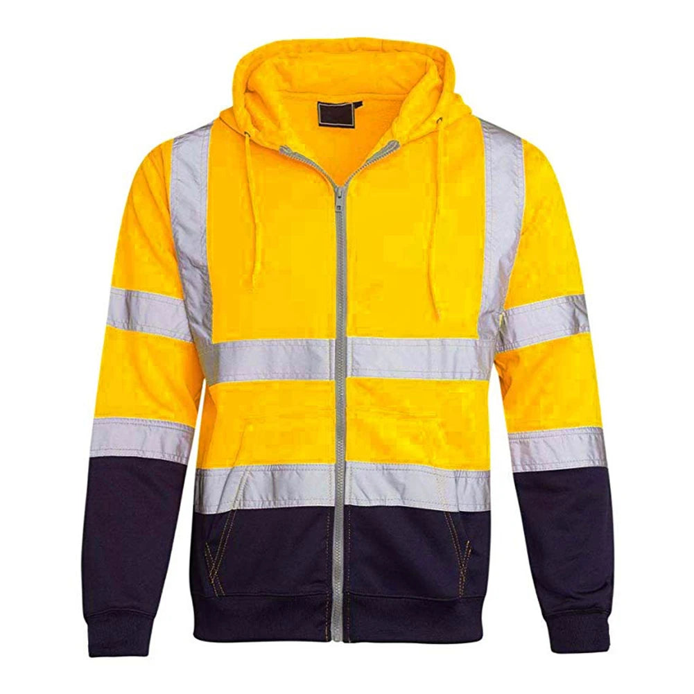 Mens Hooded Zipper Tops Fashion High Visibility Reflective Sweatshirt for Men Bomber Jacket Side Pockets Breathable Coat Tops