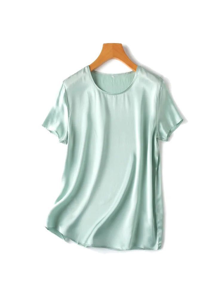 SuyaDream, Woman Silk Tee, 100%Real Silk Short Sleeved Plain O Neck T Shirt, 2025 New Summer Top
