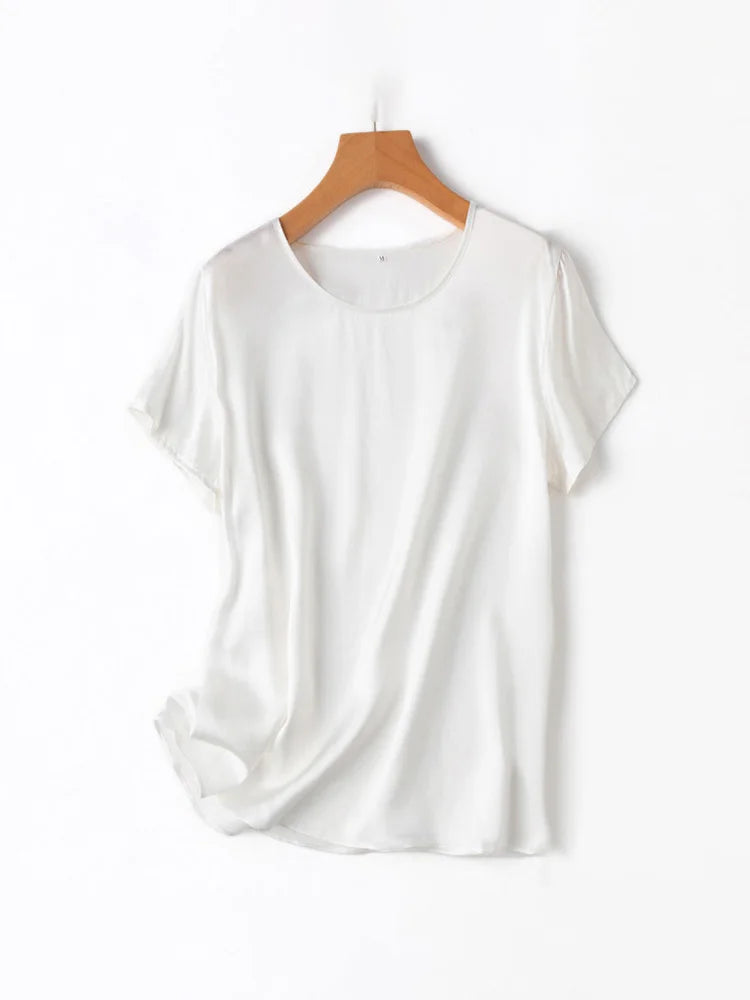 SuyaDream, Woman Silk Tee, 100%Real Silk Short Sleeved Plain O Neck T Shirt, 2025 New Summer Top