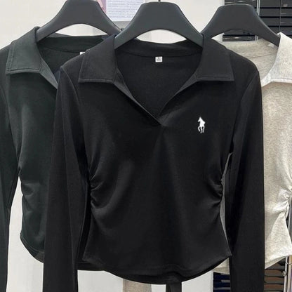 Polo Neck Embroidery Pleated Short Tops Spring Autumn Long Sleeve Slim All-match Casual T Shirts Fashion Vintage Women Clothing