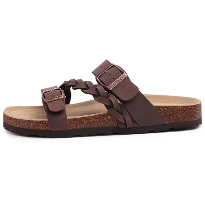 Evshine Summer Fashion Cork Slippers For Women Comfort Arch Support Outdoor Leather Sandals Unisex New Double Buckle Flat Slides