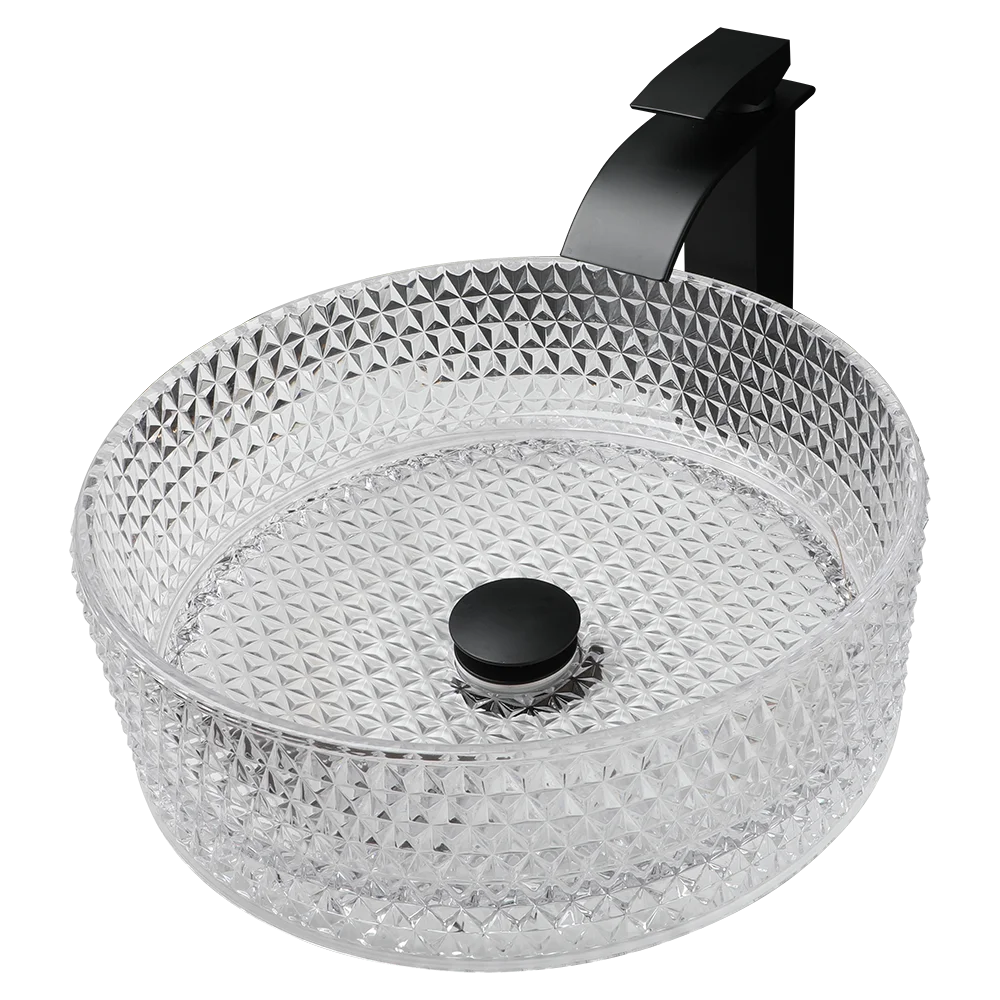KEMAIDI Tempered Glass Vessel Sink Bathroom Round Vanity Wash Sink Above Counter Deck Mounted Basin Sink with Faucet Mixer