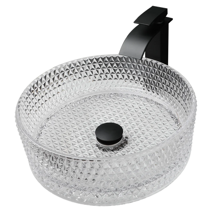KEMAIDI Tempered Glass Vessel Sink Bathroom Round Vanity Wash Sink Above Counter Deck Mounted Basin Sink with Faucet Mixer