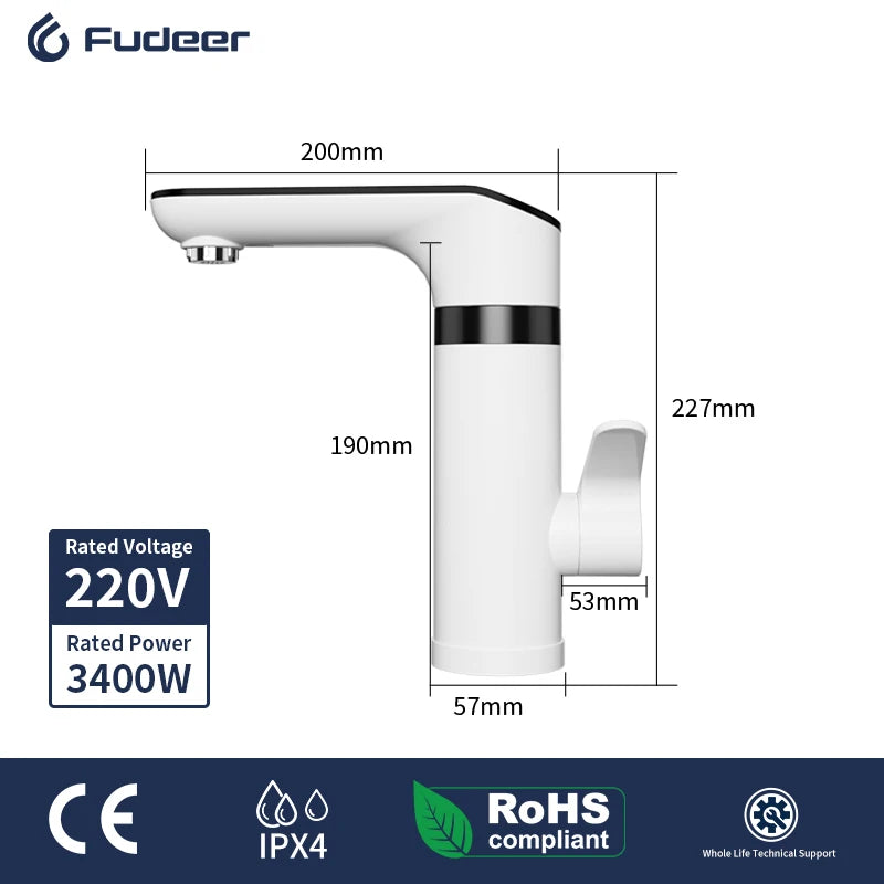 Fudeer 3400W 220V Electric Kitchen Water Heater Tap Instant Hot Stainless Steel Water Faucet Heater Cold Heating Faucet