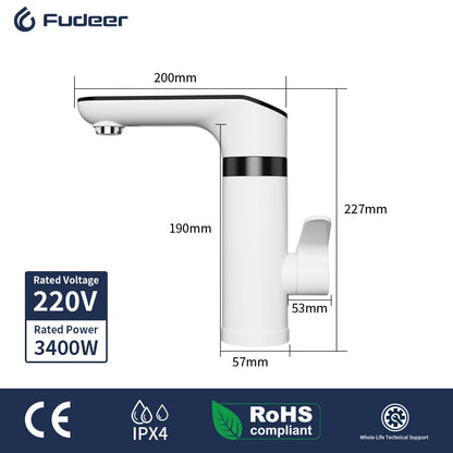 Fudeer 3400W 220V Electric Kitchen Water Heater Tap Instant Hot Stainless Steel Water Faucet Heater Cold Heating Faucet