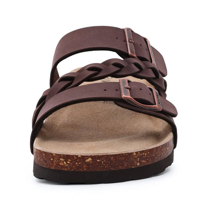 Evshine Summer Fashion Cork Slippers For Women Comfort Arch Support Outdoor Leather Sandals Unisex New Double Buckle Flat Slides