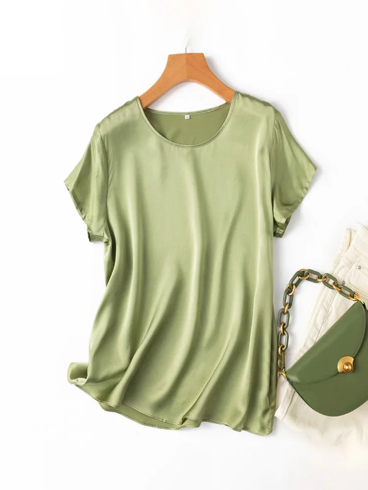 SuyaDream, Woman Silk Tee, 100%Real Silk Short Sleeved Plain O Neck T Shirt, 2025 New Summer Top