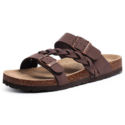 Evshine Summer Fashion Cork Slippers For Women Comfort Arch Support Outdoor Leather Sandals Unisex New Double Buckle Flat Slides