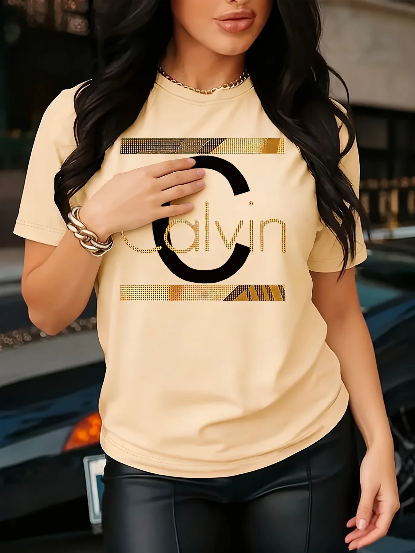 Calvin Letter Print Women's Tee - Gold Graphic Green Casual Top