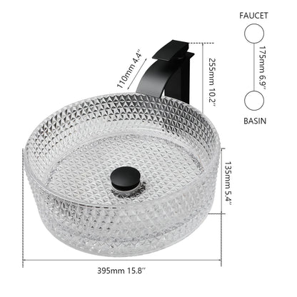 KEMAIDI Tempered Glass Vessel Sink Bathroom Round Vanity Wash Sink Above Counter Deck Mounted Basin Sink with Faucet Mixer