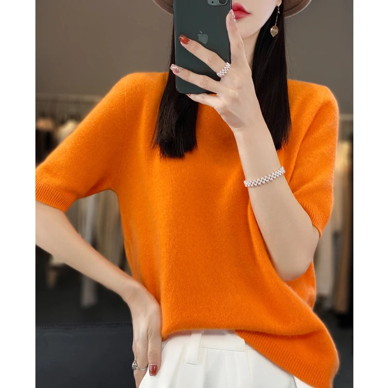 100% pure wool women's round neck sweater short sleeve seamless loose knit half sleeve bottoming sleeve.