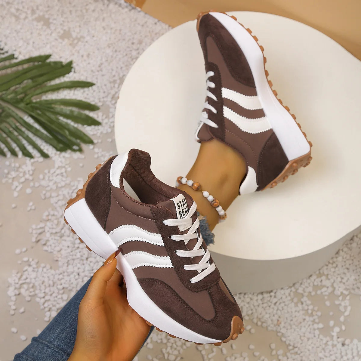 Women's Brown Vintage Striped Athletic Sneakers Lightweight Casual Walking Shoes