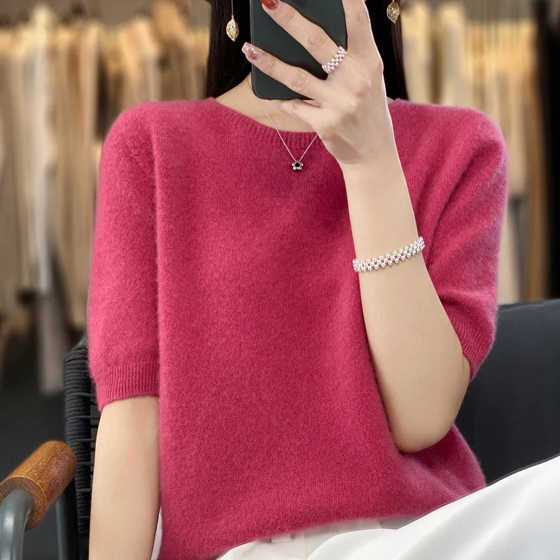 100% pure wool women's round neck sweater short sleeve seamless loose knit half sleeve bottoming sleeve.