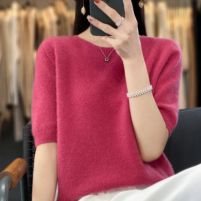 100% pure wool women's round neck sweater short sleeve seamless loose knit half sleeve bottoming sleeve.