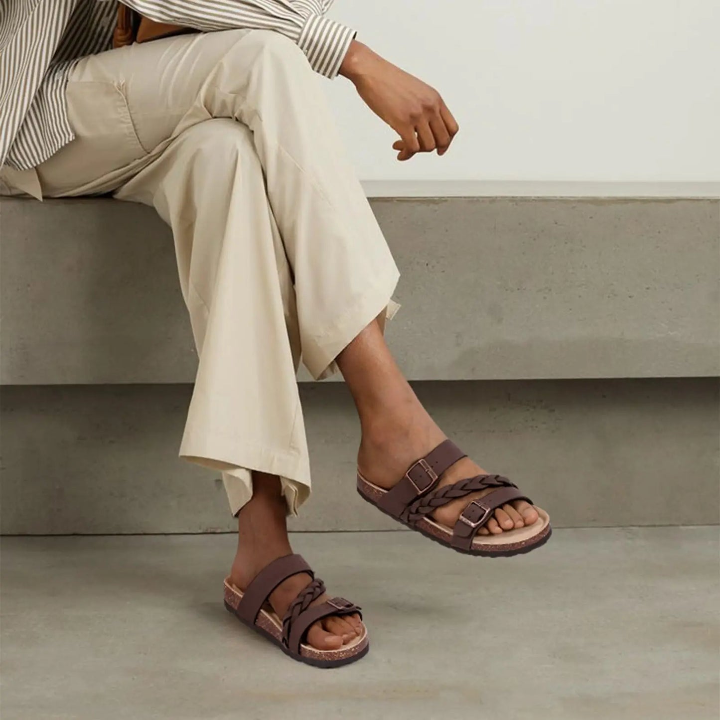 Evshine Summer Fashion Cork Slippers For Women Comfort Arch Support Outdoor Leather Sandals Unisex New Double Buckle Flat Slides
