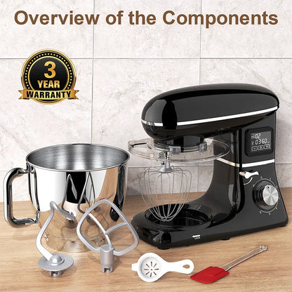 Commercial Stand Mixer 1500W, 6.5L Stainless Steel Bowl 6-Speed, Silent Design Smart Display Multi-Functional Dough Mixer